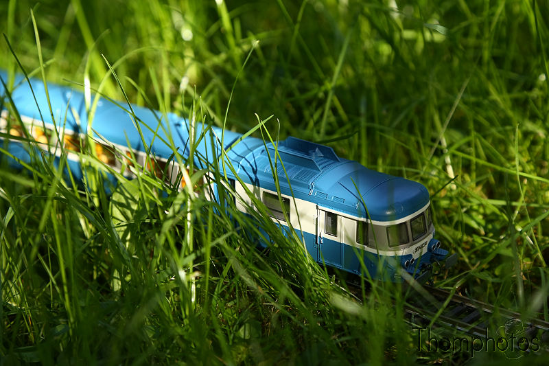 maquettes modèles réduits scale models véhicule modélisme ferroviaire train locomotive wagon voyageur voiture car HO miniature roco 1/87 jardin garden nature herbe grass campagne bleu d'auverge x2800 autorail