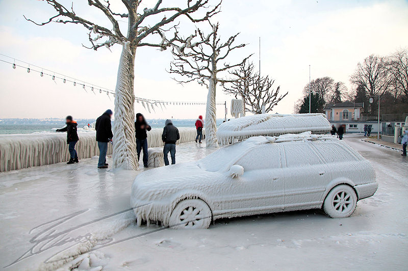 reportage versoix 2012 lac de genève léman gelé quai vent tempête gel glace -15°C 120km/h 120 km / h voiture arbre break sculpture